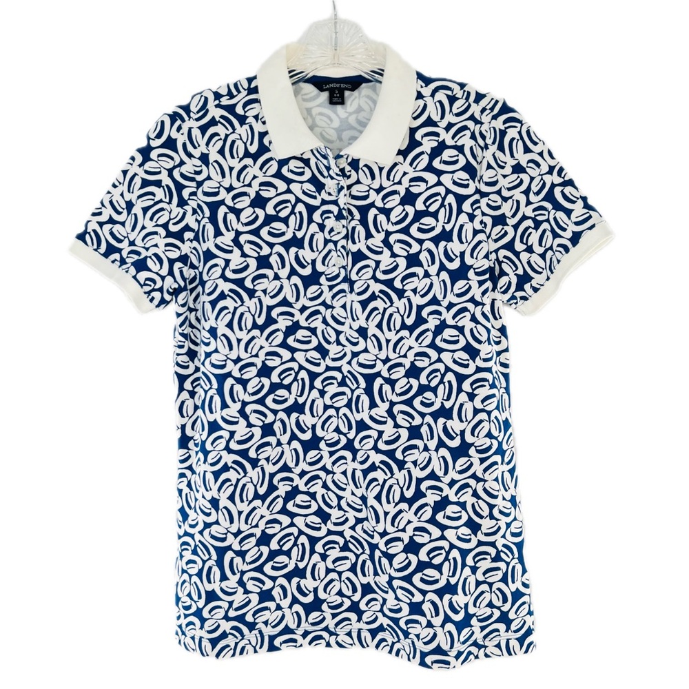 Lands' End Fedora Print Blue & White Pique Knit Polo Shirt Size Small (6-8) - Picture 15 of 17
